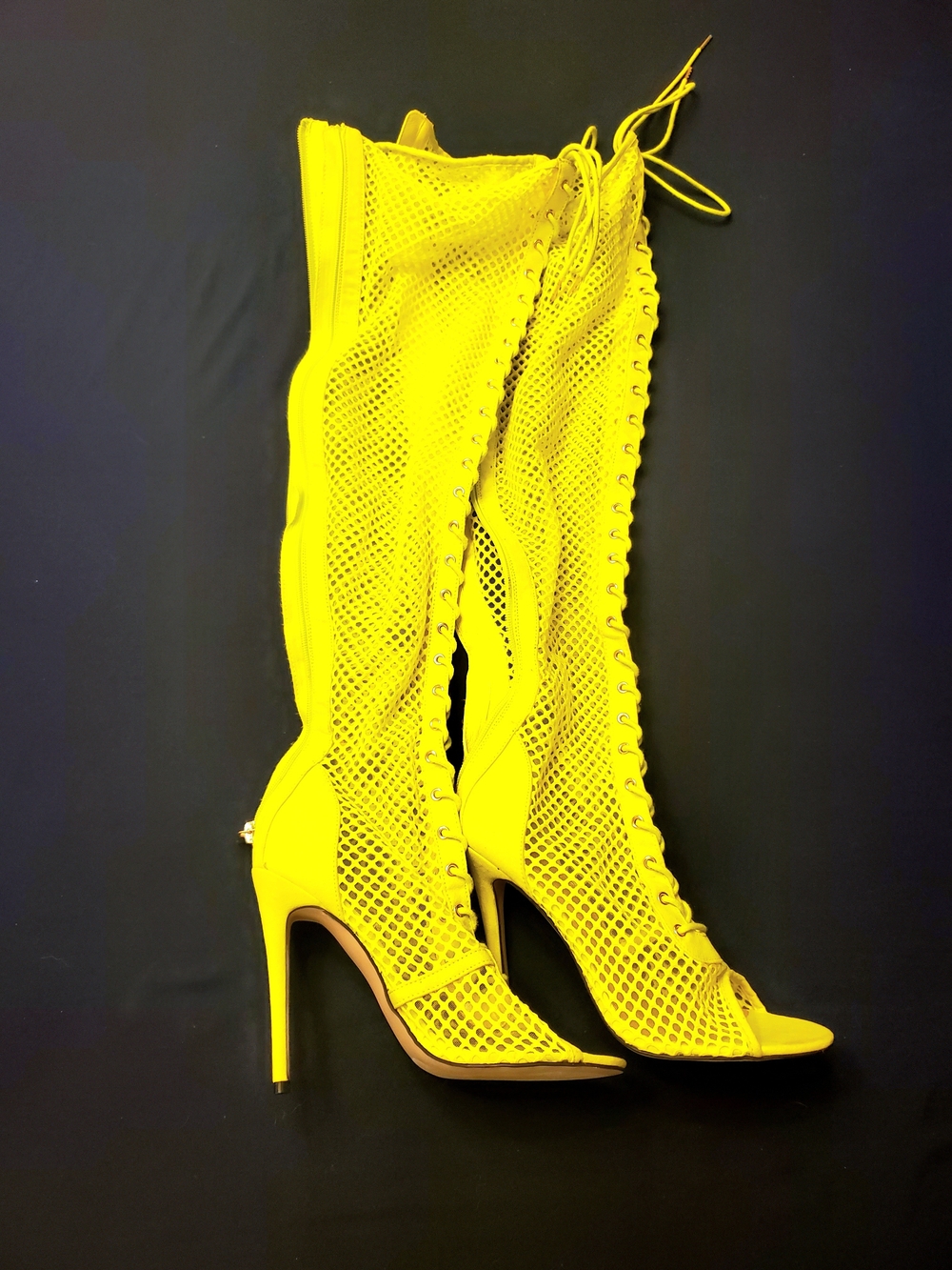 Women’s Lace-Up Neon Yellow Green Mesh Over-the-Knee Stiletto Boots Open Toe